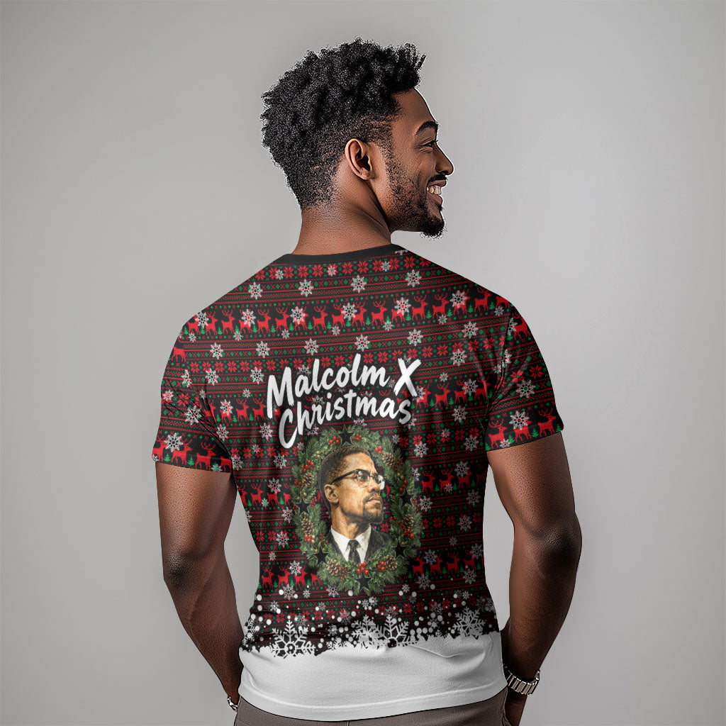 Malcolm X Christmas T shirt Retro Knitted Pattern Holiday Wreath Civil Rights Leader