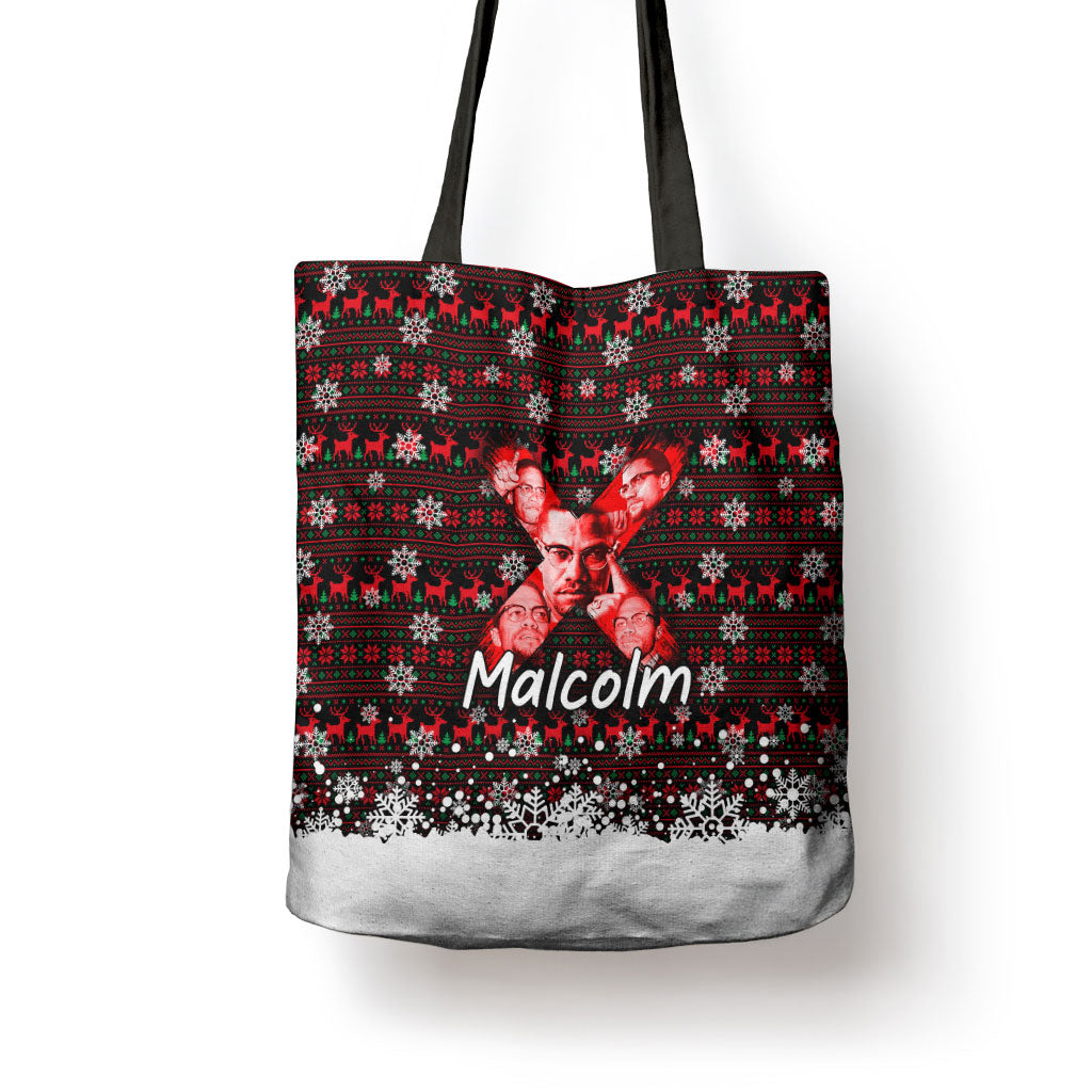 Malcolm X Christmas Tote Bag Retro Knitted Pattern Holiday Wreath Civil Rights Leader