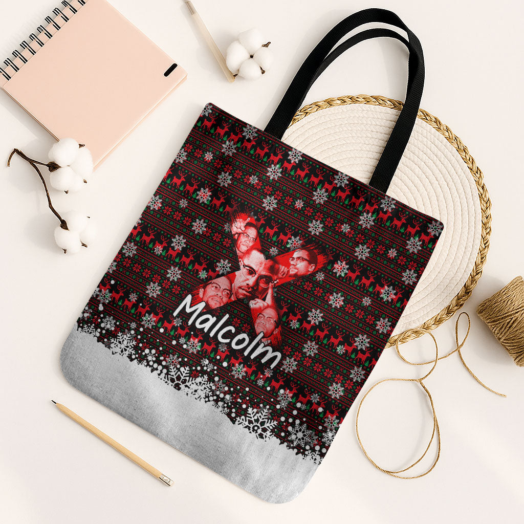 Malcolm X Christmas Tote Bag Retro Knitted Pattern Holiday Wreath Civil Rights Leader