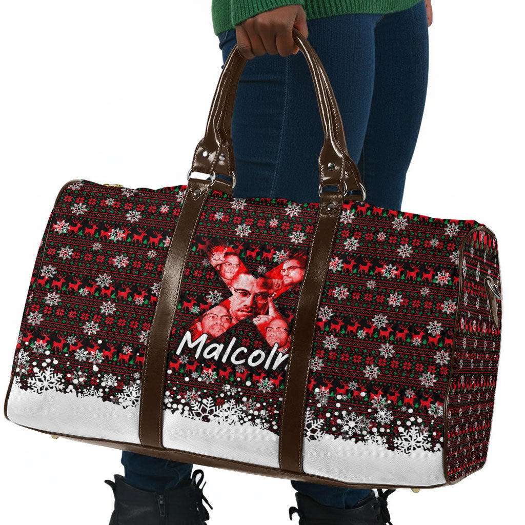 Malcolm X Christmas Travel Bag Retro Knitted Pattern Holiday Wreath Civil Rights Leader