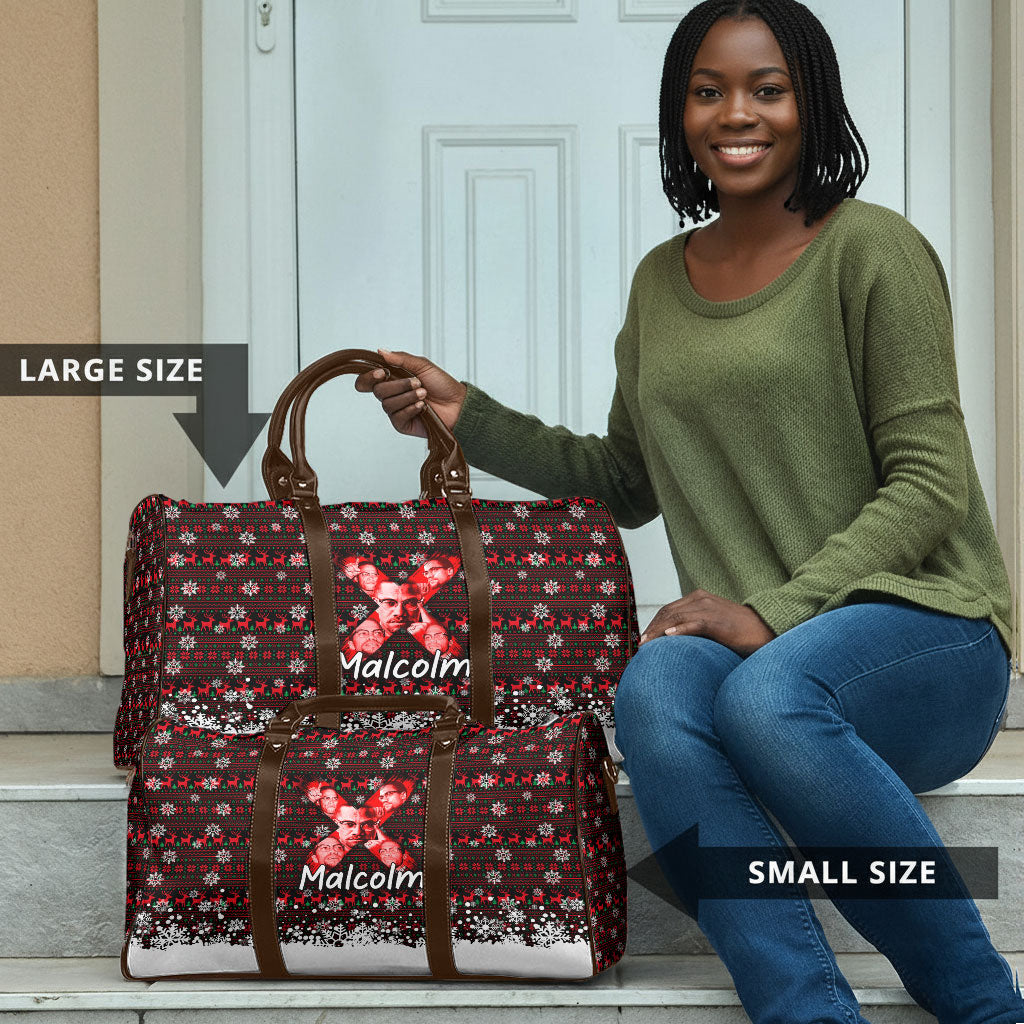 Malcolm X Christmas Travel Bag Retro Knitted Pattern Holiday Wreath Civil Rights Leader