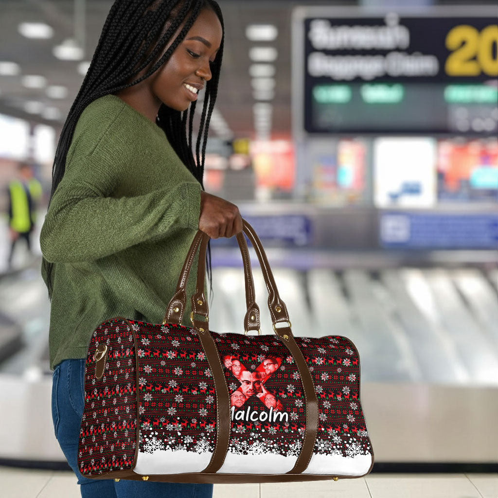 Malcolm X Christmas Travel Bag Retro Knitted Pattern Holiday Wreath Civil Rights Leader