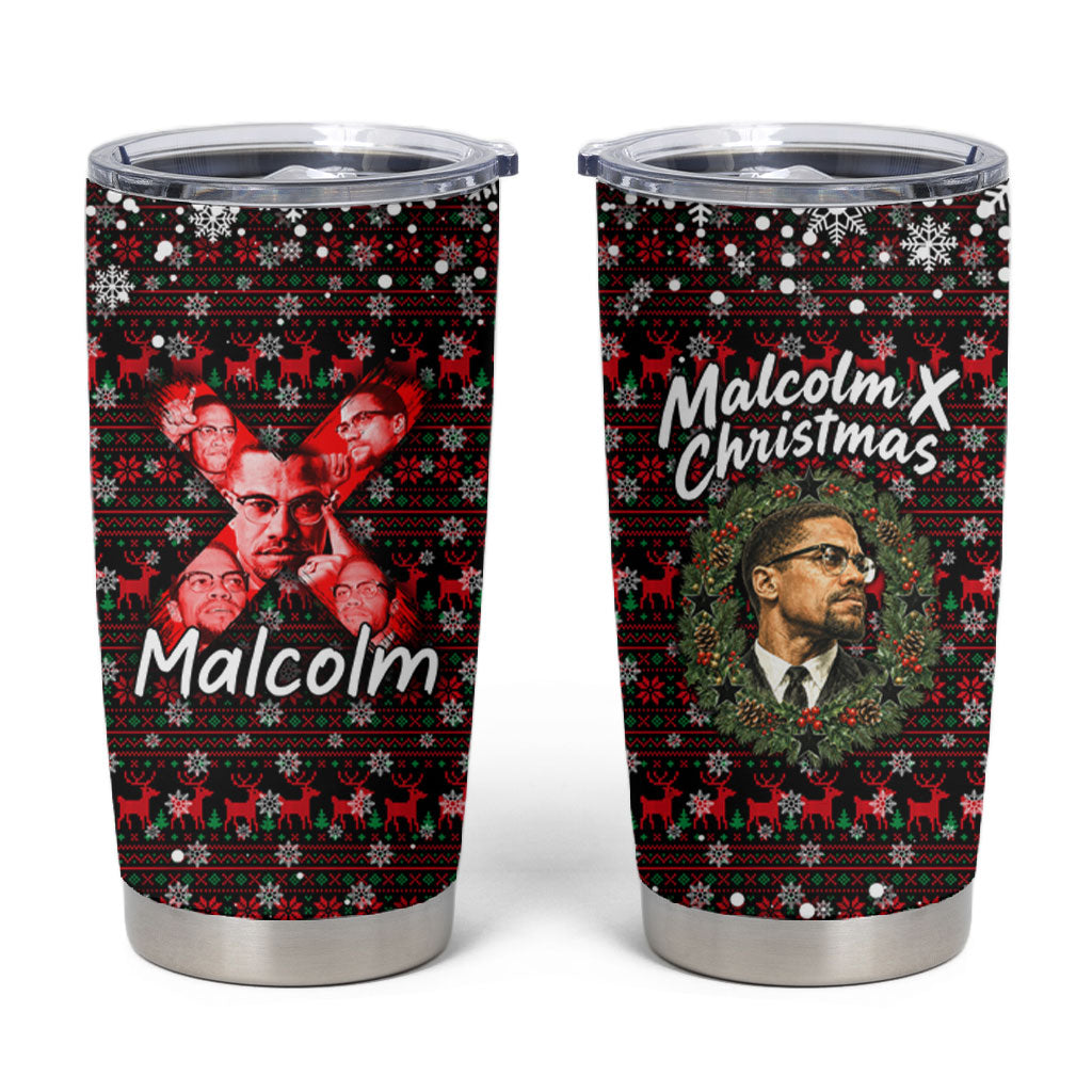 Malcolm X Christmas Tumbler Cup Retro Knitted Pattern Holiday Wreath Civil Rights Leader