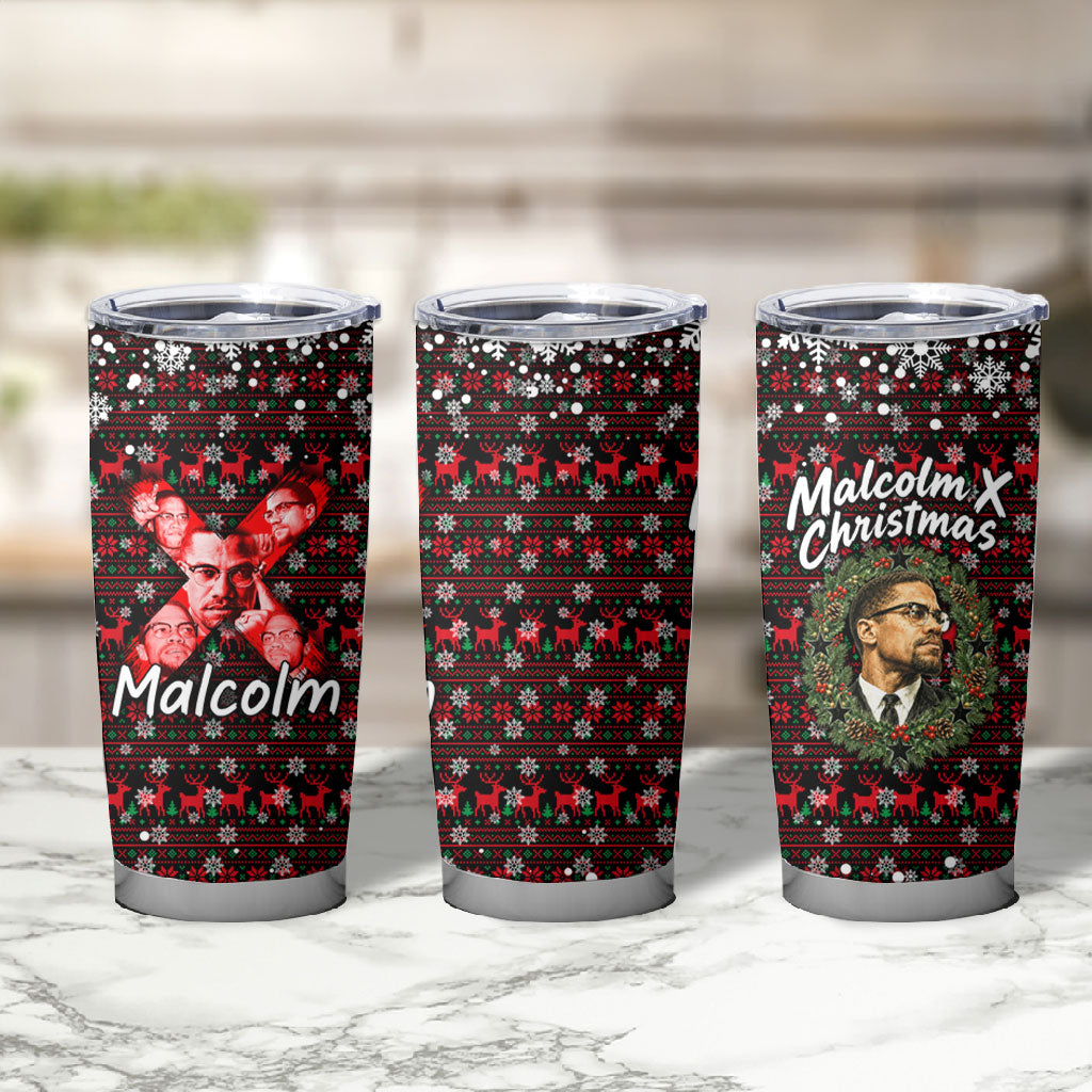 Malcolm X Christmas Tumbler Cup Retro Knitted Pattern Holiday Wreath Civil Rights Leader