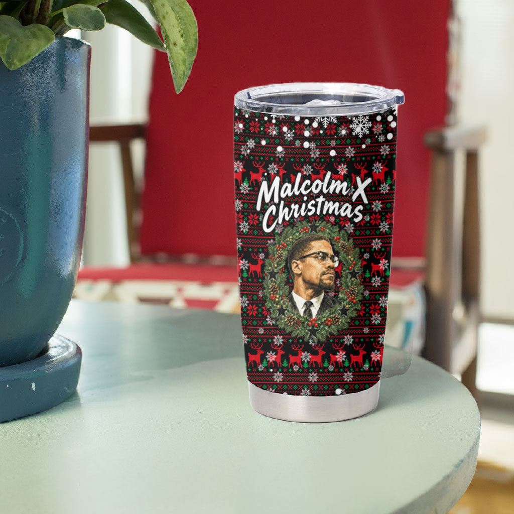 Malcolm X Christmas Tumbler Cup Retro Knitted Pattern Holiday Wreath Civil Rights Leader