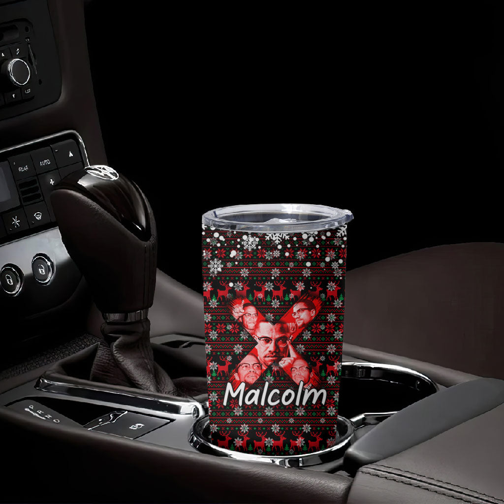 Malcolm X Christmas Tumbler Cup Retro Knitted Pattern Holiday Wreath Civil Rights Leader