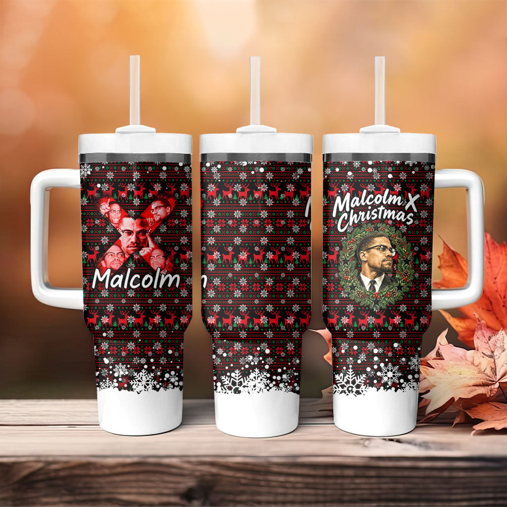 Malcolm X Christmas Tumbler With Handle Retro Knitted Pattern Holiday Wreath Civil Rights Leader