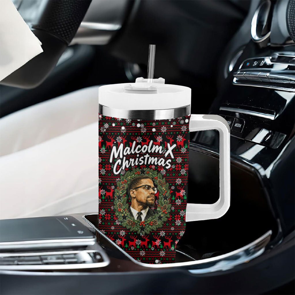 Malcolm X Christmas Tumbler With Handle Retro Knitted Pattern Holiday Wreath Civil Rights Leader