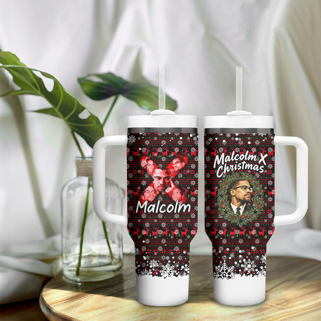Malcolm X Christmas Tumbler With Handle Retro Knitted Pattern Holiday Wreath Civil Rights Leader