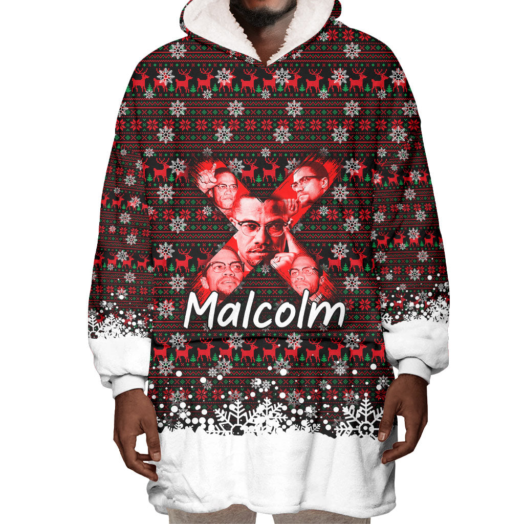 Malcolm X Christmas Wearable Blanket Hoodie Retro Knitted Pattern Holiday Wreath Civil Rights Leader