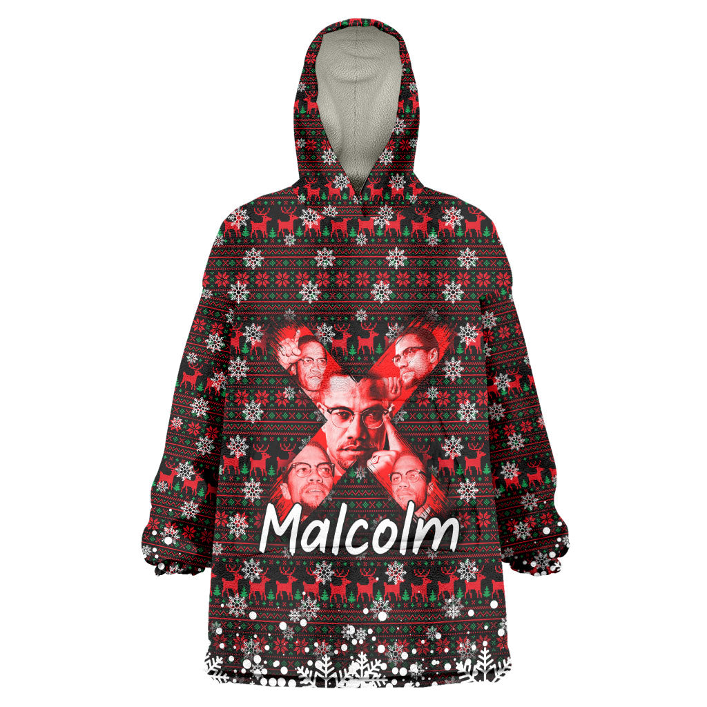 Malcolm X Christmas Wearable Blanket Hoodie Retro Knitted Pattern Holiday Wreath Civil Rights Leader