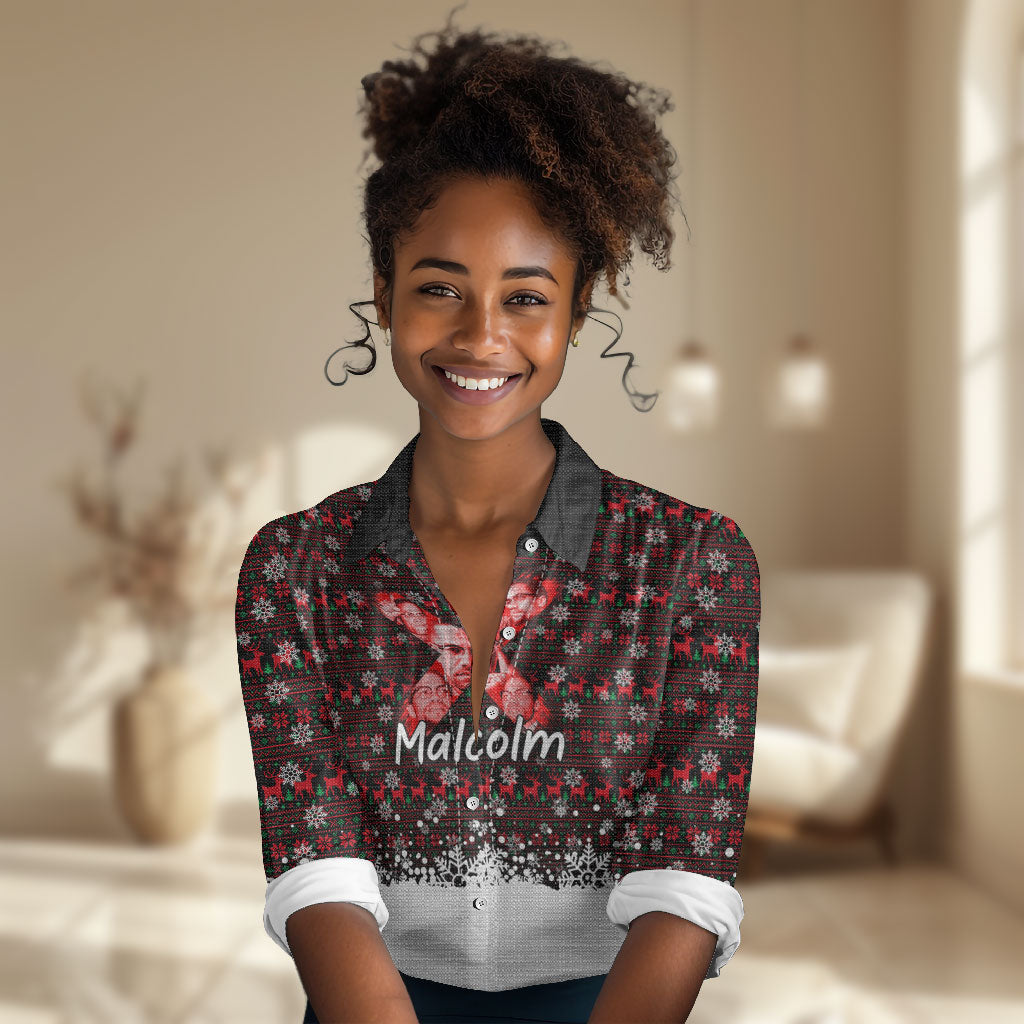 Malcolm X Christmas Women Casual Shirt Retro Knitted Pattern Holiday Wreath Civil Rights Leader
