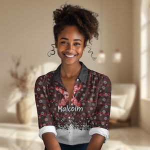 Malcolm X Christmas Women Casual Shirt Retro Knitted Pattern Holiday Wreath Civil Rights Leader