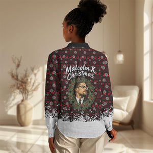 Malcolm X Christmas Women Casual Shirt Retro Knitted Pattern Holiday Wreath Civil Rights Leader