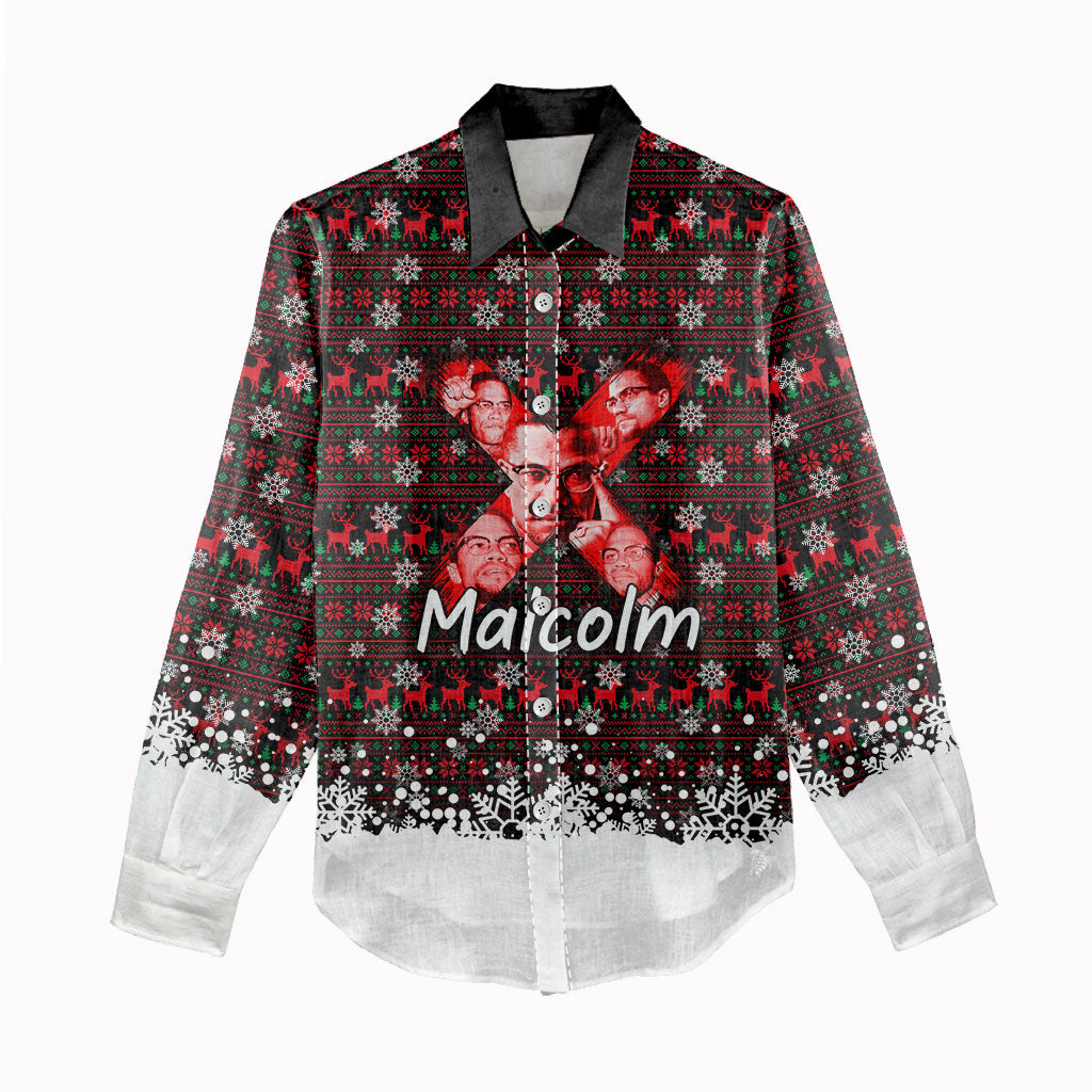 Malcolm X Christmas Women Casual Shirt Retro Knitted Pattern Holiday Wreath Civil Rights Leader
