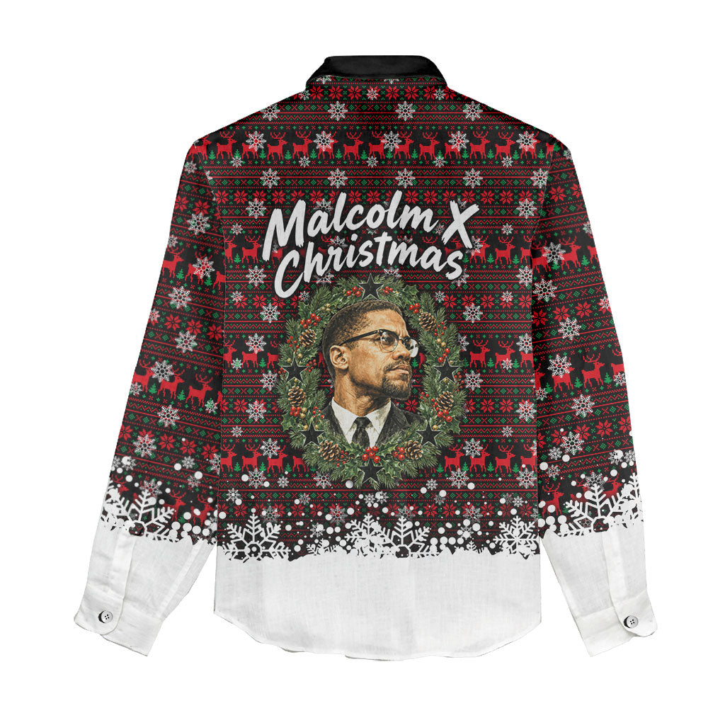 Malcolm X Christmas Women Casual Shirt Retro Knitted Pattern Holiday Wreath Civil Rights Leader