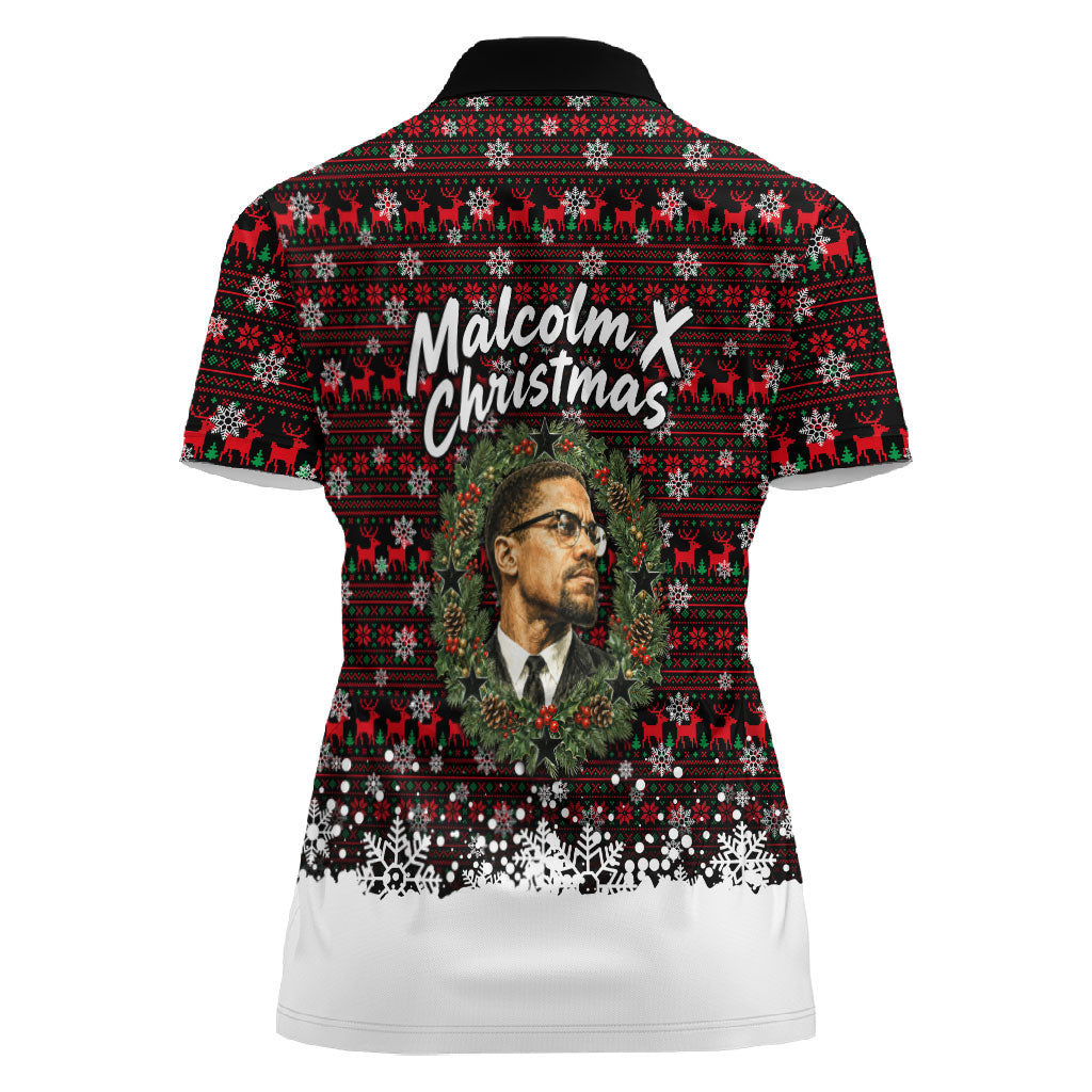 Malcolm X Christmas Women Polo Shirt Retro Knitted Pattern Holiday Wreath Civil Rights Leader
