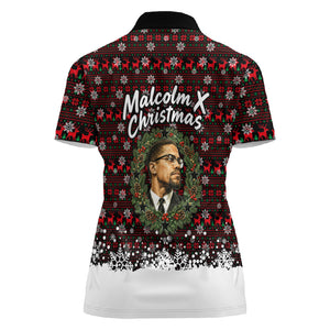 Malcolm X Christmas Women Polo Shirt Retro Knitted Pattern Holiday Wreath Civil Rights Leader