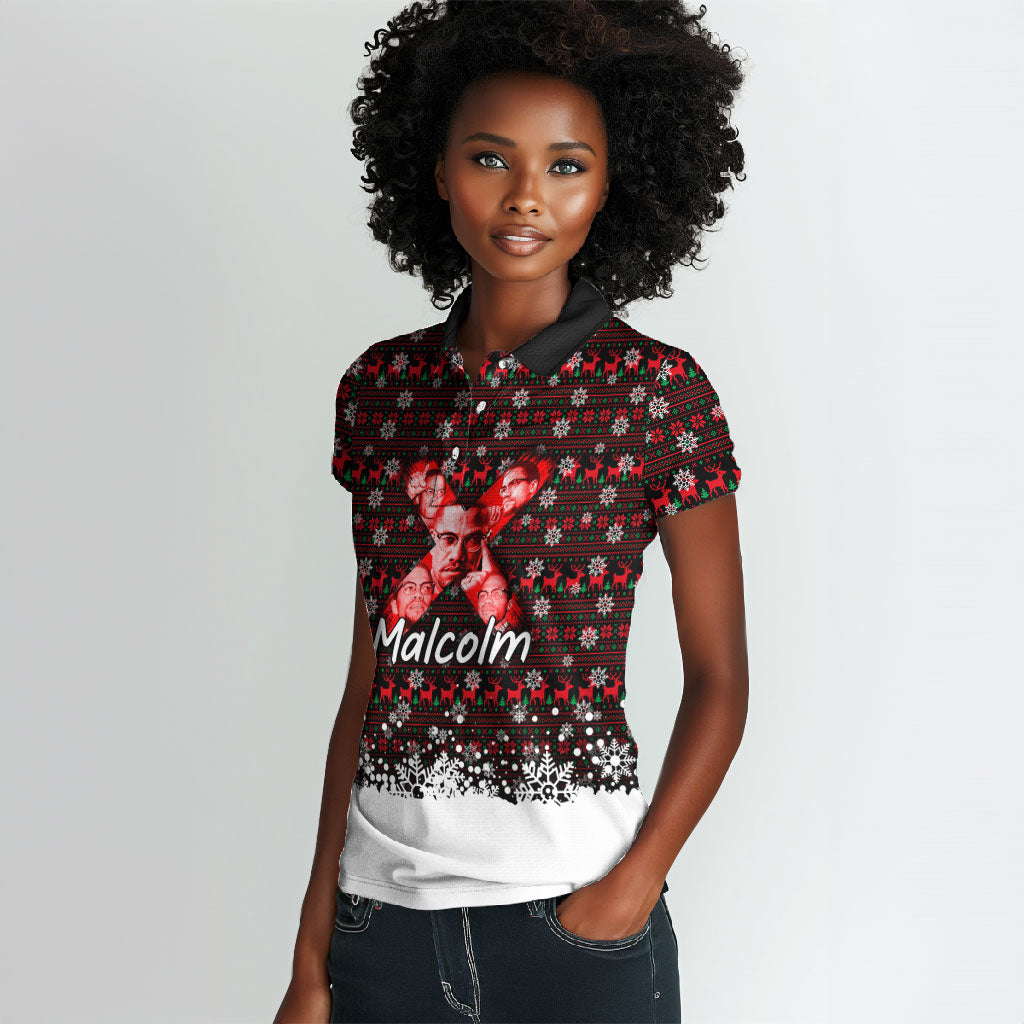 Malcolm X Christmas Women Polo Shirt Retro Knitted Pattern Holiday Wreath Civil Rights Leader