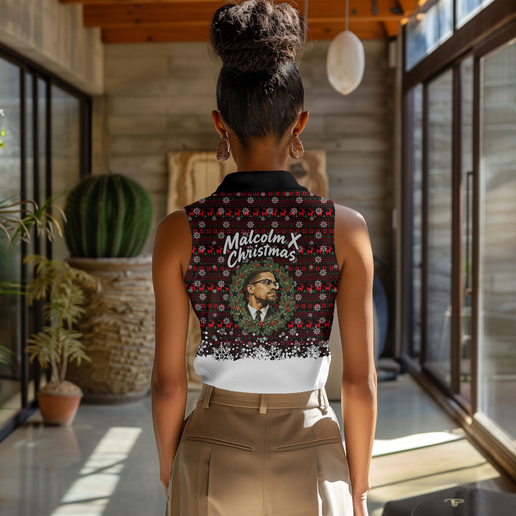 Malcolm X Christmas Women Sleeveless Polo Shirt Retro Knitted Pattern Holiday Wreath Civil Rights Leader