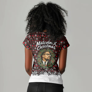 Malcolm X Christmas Women V-Neck T-Shirt Retro Knitted Pattern Holiday Wreath Civil Rights Leader