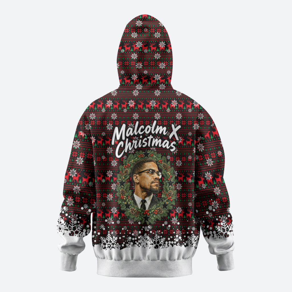Malcolm X Christmas Zip Hoodie Retro Knitted Pattern Holiday Wreath Civil Rights Leader