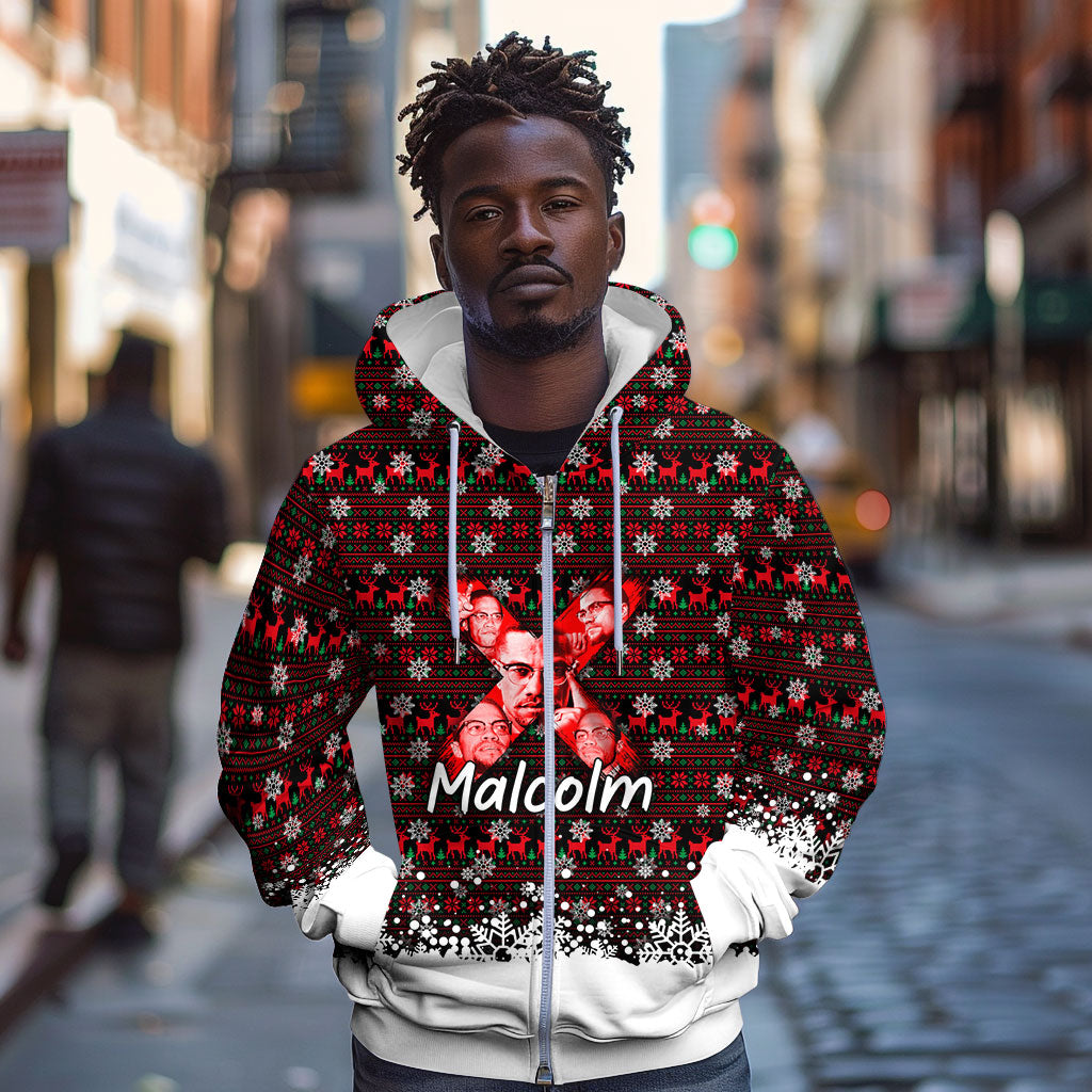 Malcolm X Christmas Zip Hoodie Retro Knitted Pattern Holiday Wreath Civil Rights Leader