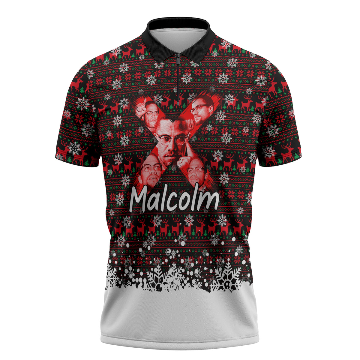 Malcolm X Christmas Zipper Polo Shirt Retro Knitted Pattern Holiday Wreath Civil Rights Leader