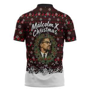 Malcolm X Christmas Zipper Polo Shirt Retro Knitted Pattern Holiday Wreath Civil Rights Leader