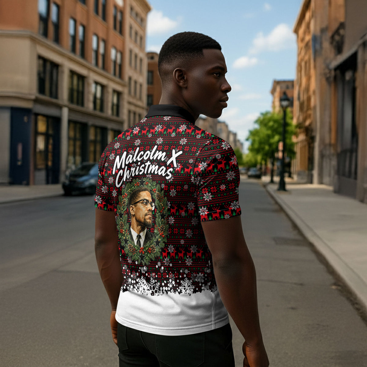 Malcolm X Christmas Zipper Polo Shirt Retro Knitted Pattern Holiday Wreath Civil Rights Leader
