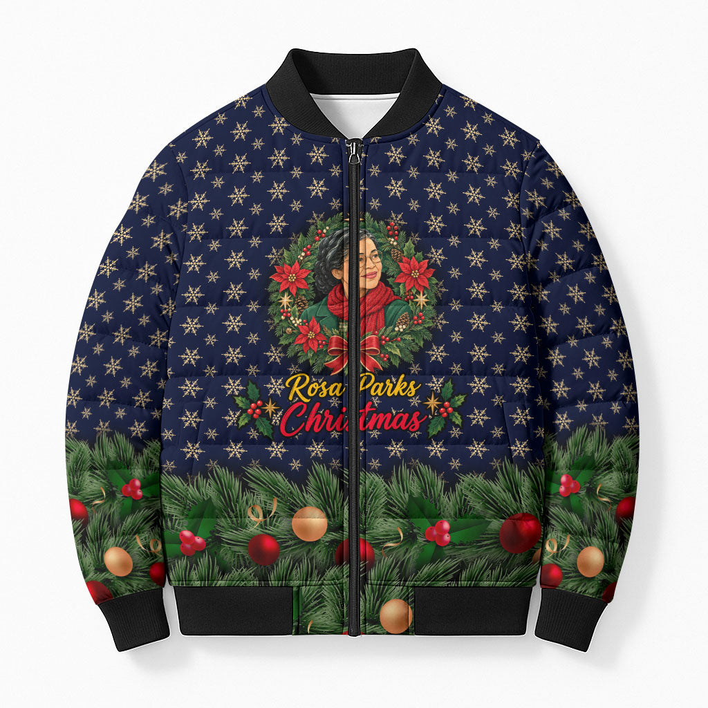 Rosa Parks Christmas Bomber Puffer Jacket Freedom Bus Wreath Vintage Festive Holiday