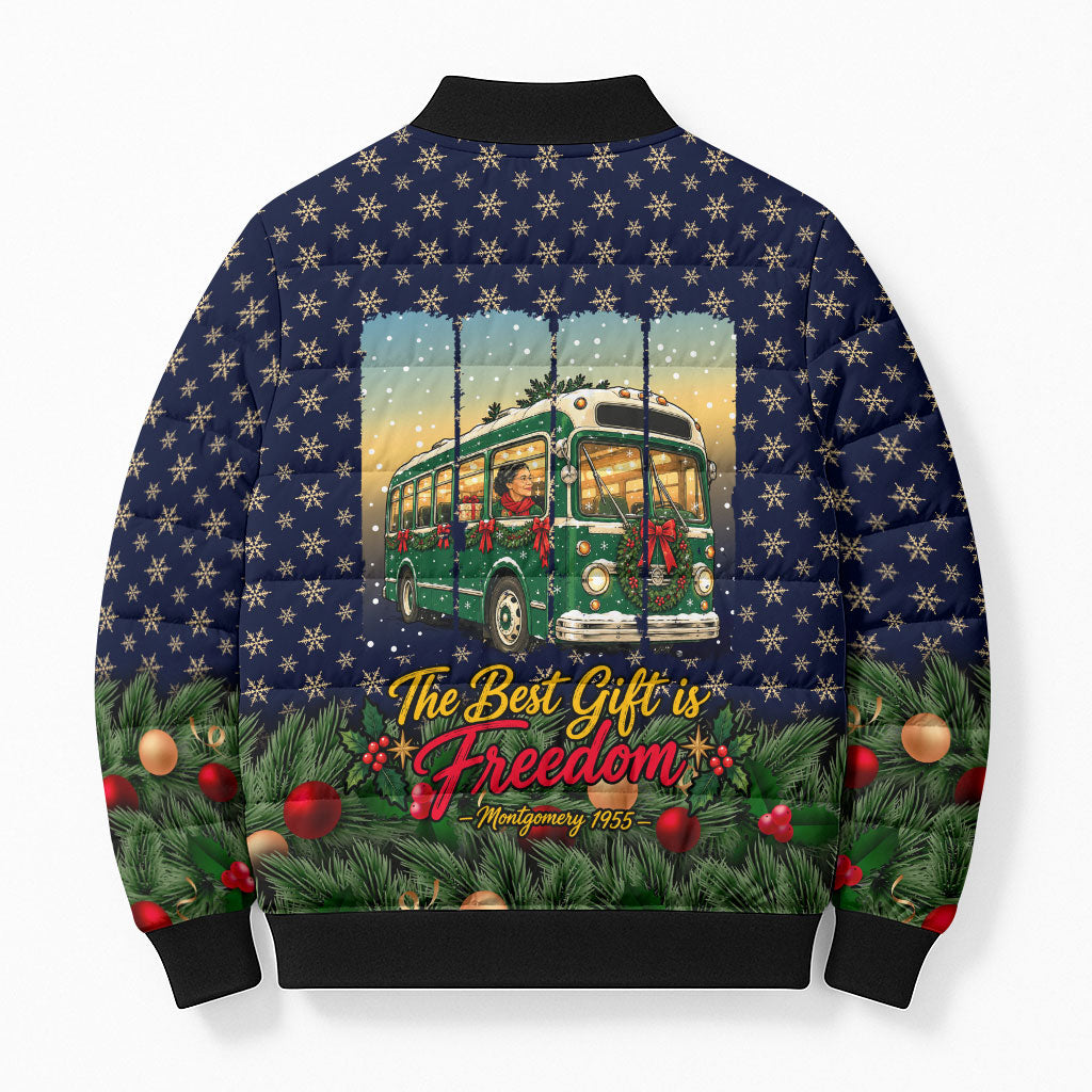 Rosa Parks Christmas Bomber Puffer Jacket Freedom Bus Wreath Vintage Festive Holiday