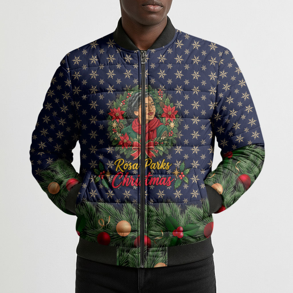 Rosa Parks Christmas Bomber Puffer Jacket Freedom Bus Wreath Vintage Festive Holiday