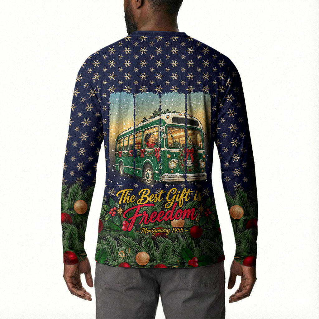 Rosa Parks Christmas Button Sweatshirt Freedom Bus Wreath Vintage Festive Holiday