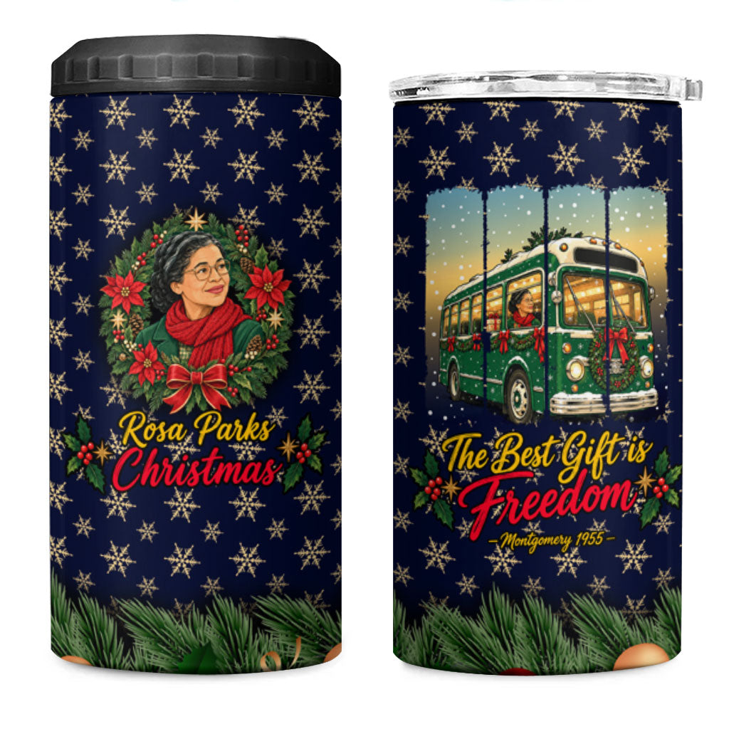Rosa Parks Christmas 4 in 1 Can Cooler Tumbler Freedom Bus Wreath Vintage Festive Holiday