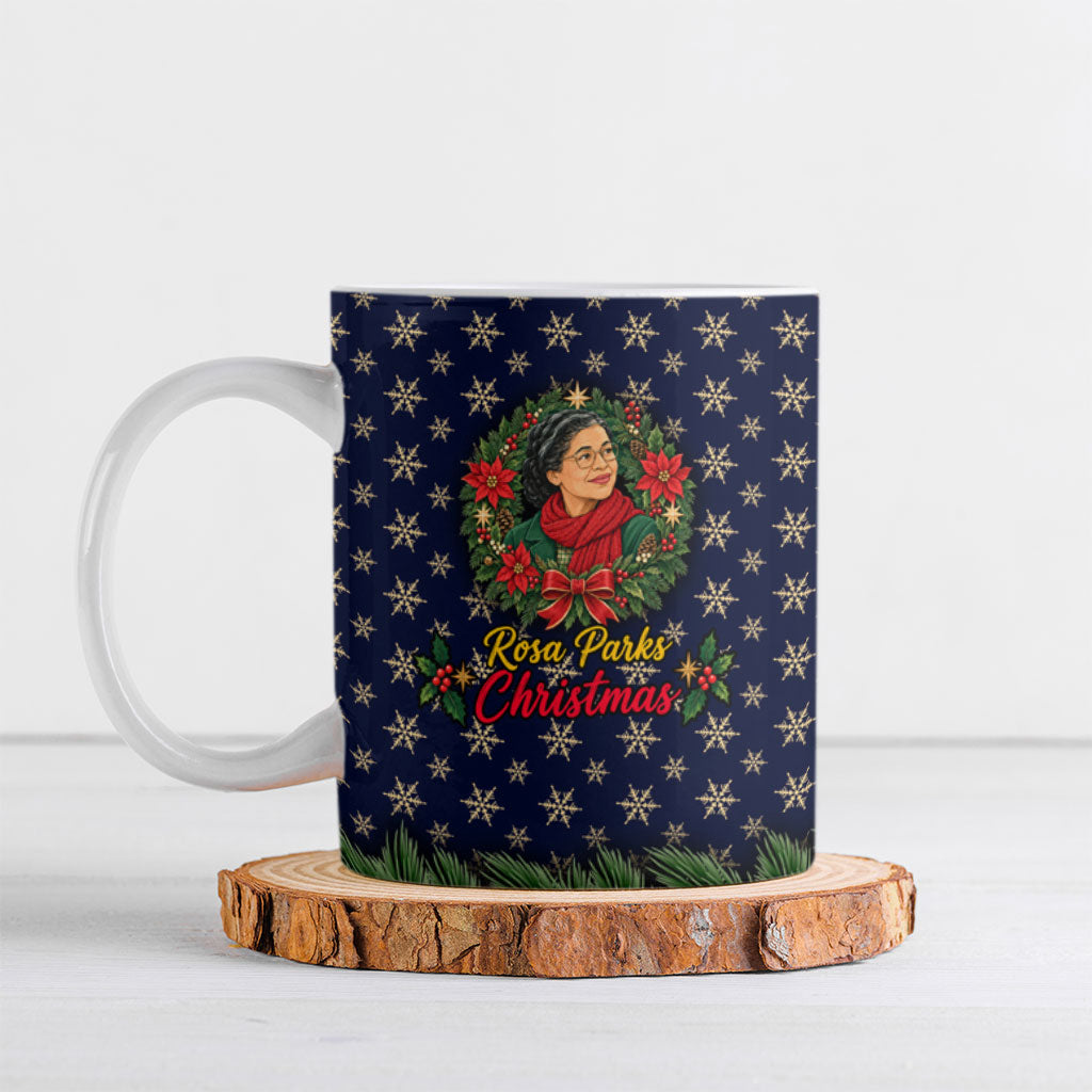 Rosa Parks Christmas Ceramic Mug Freedom Bus Wreath Vintage Festive Holiday