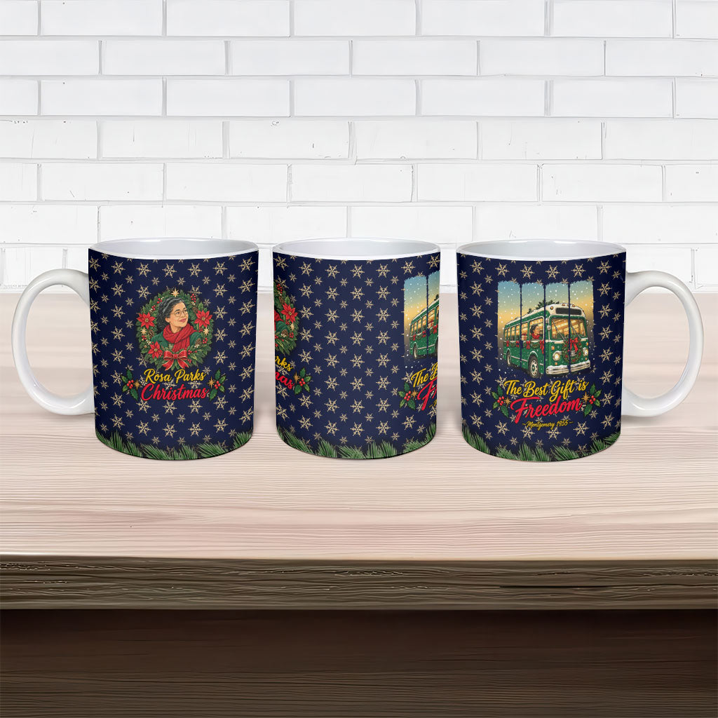 Rosa Parks Christmas Ceramic Mug Freedom Bus Wreath Vintage Festive Holiday