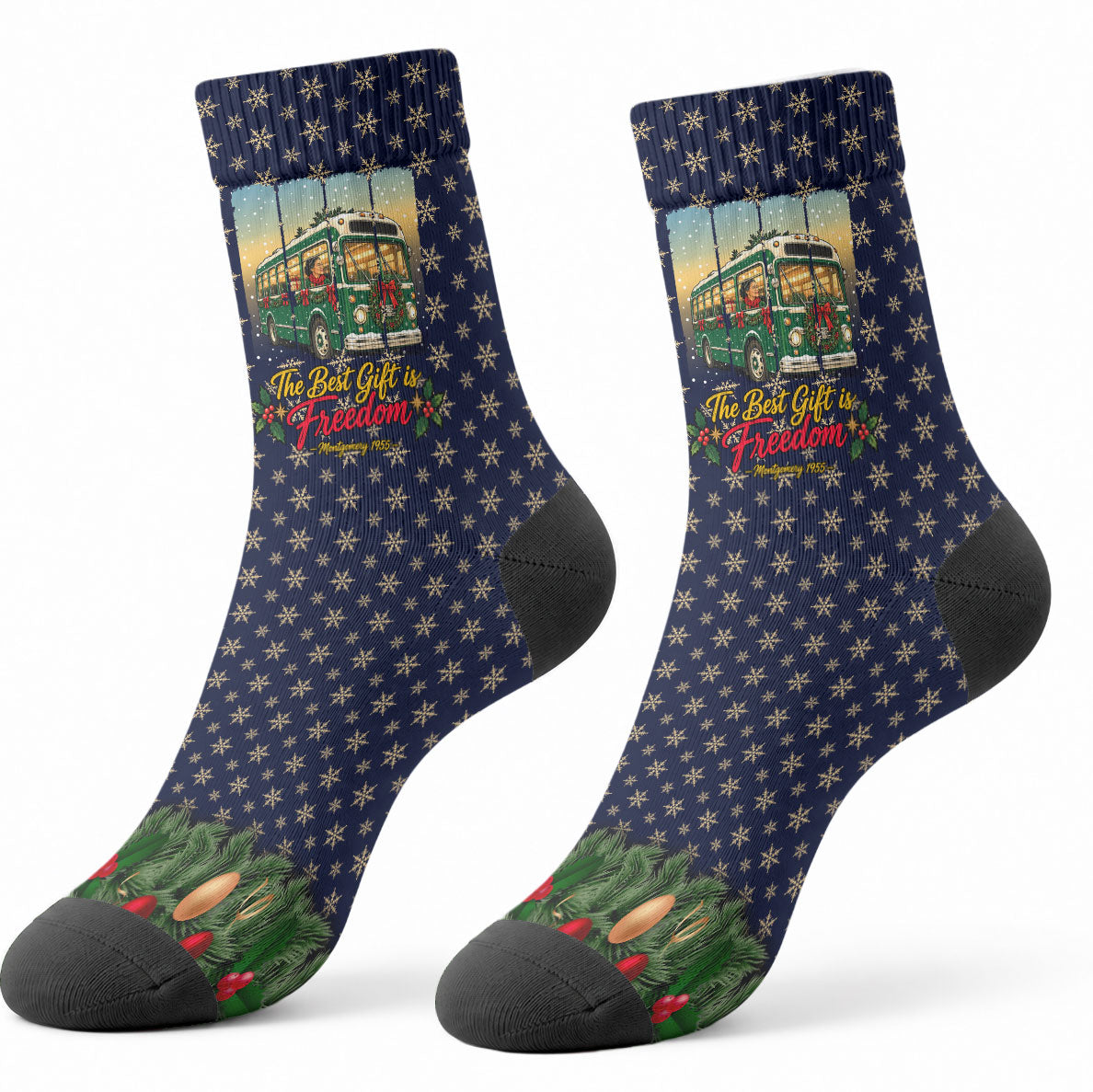 Rosa Parks Christmas Crew Socks Freedom Bus Wreath Vintage Festive Holiday