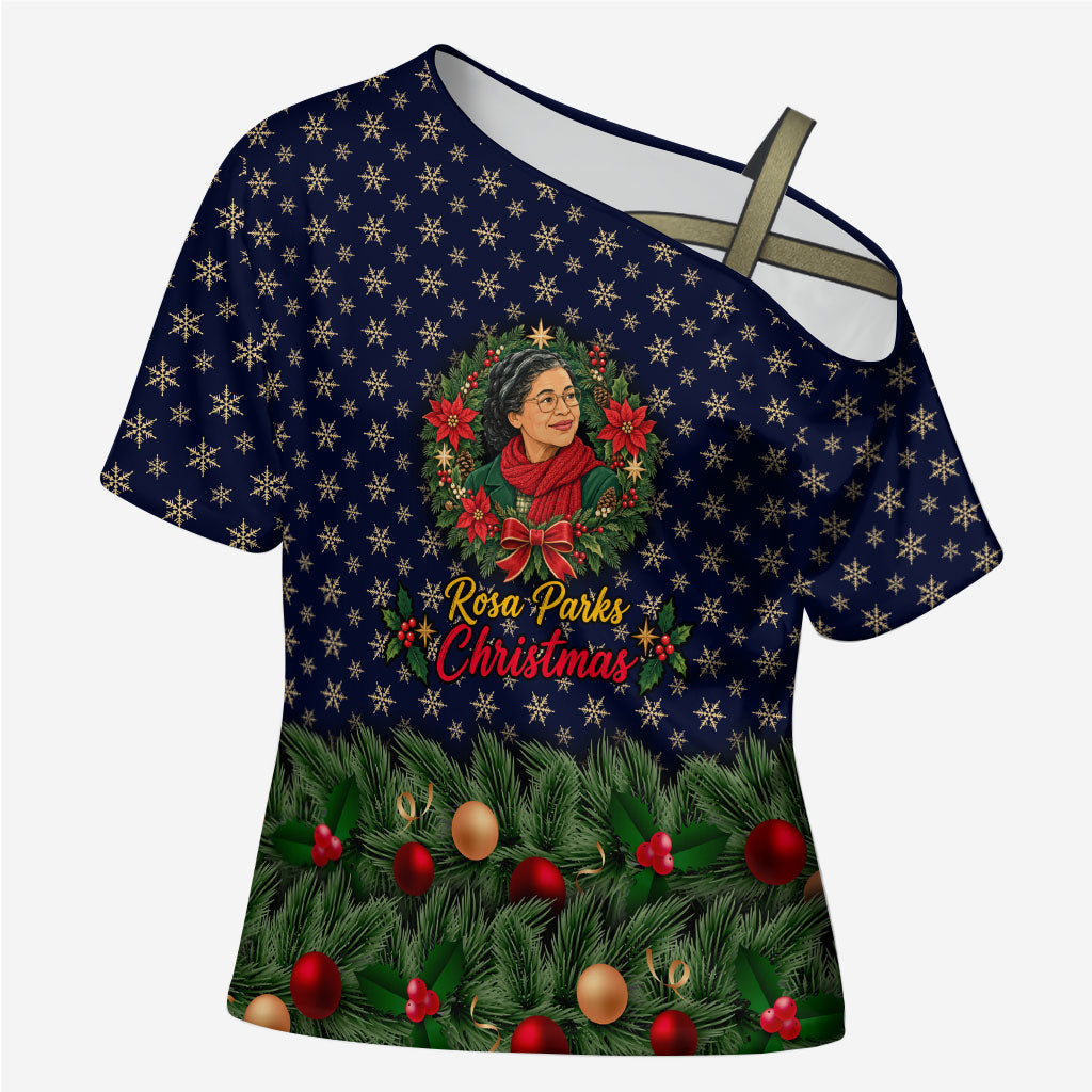 Rosa Parks Christmas Cross Shoulder Shirt Freedom Bus Wreath Vintage Festive Holiday