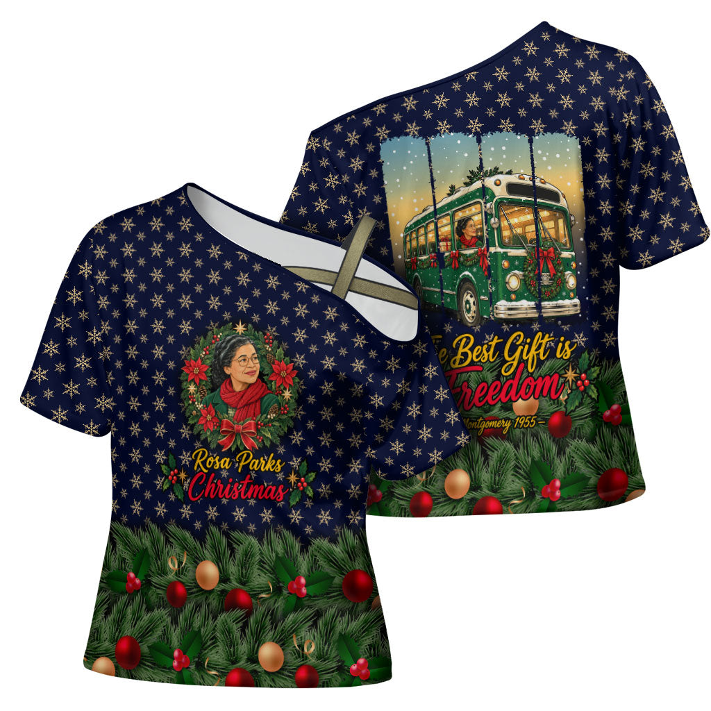Rosa Parks Christmas Cross Shoulder Shirt Freedom Bus Wreath Vintage Festive Holiday