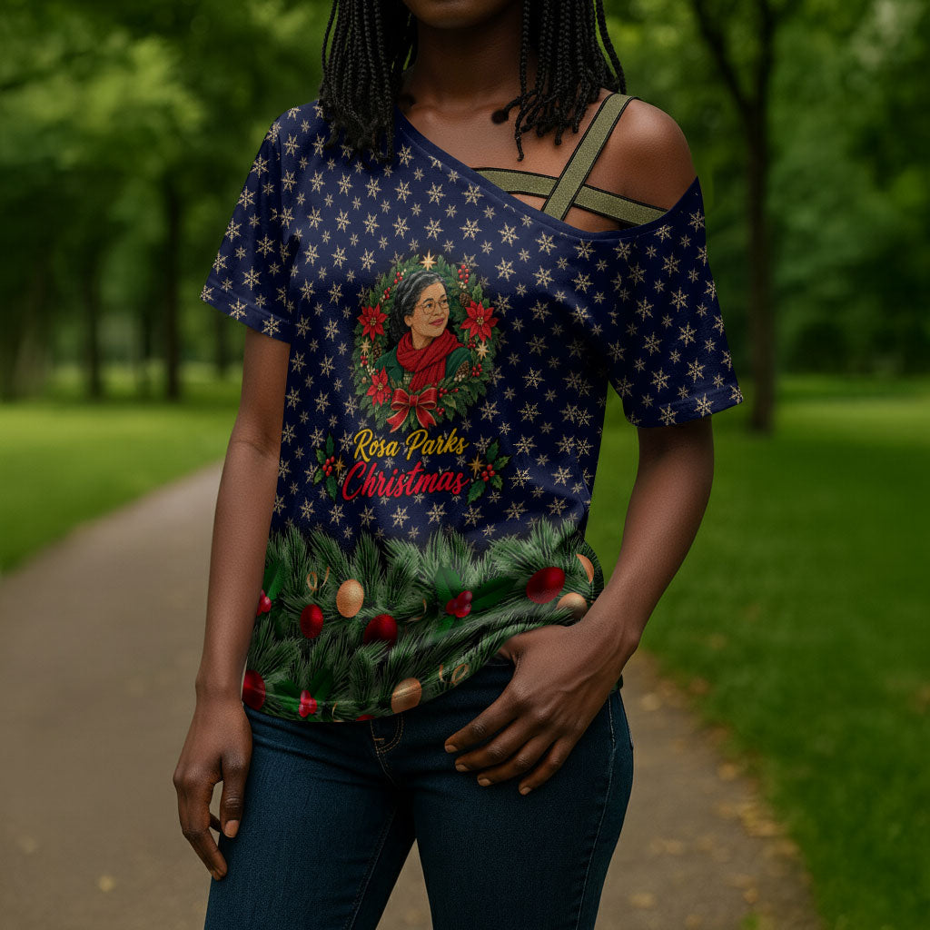 Rosa Parks Christmas Cross Shoulder Shirt Freedom Bus Wreath Vintage Festive Holiday