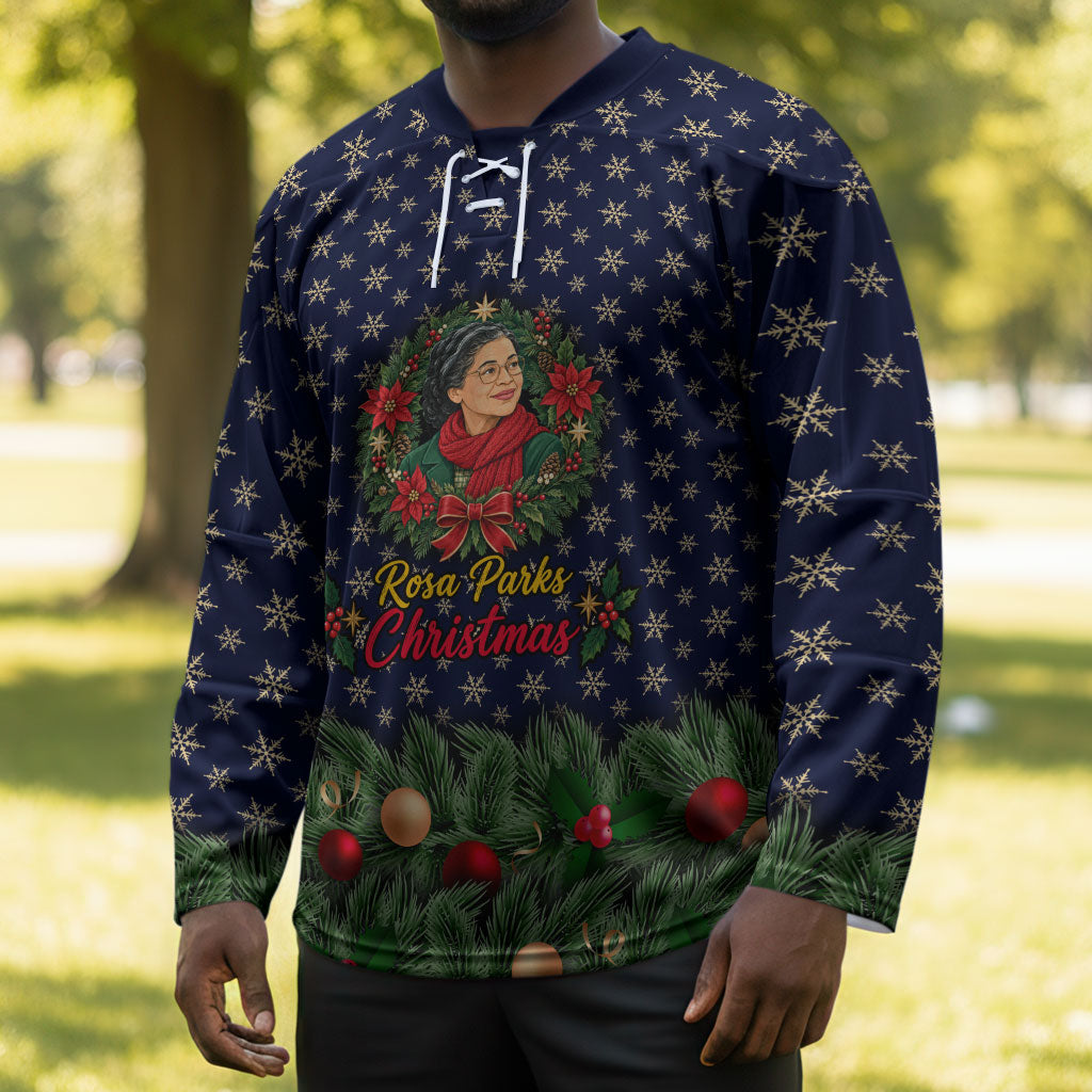 Rosa Parks Christmas Hockey Jersey Freedom Bus Wreath Vintage Festive Holiday