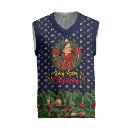 Rosa Parks Christmas Knitted V-Neck Vest Freedom Bus Wreath Vintage Festive Holiday