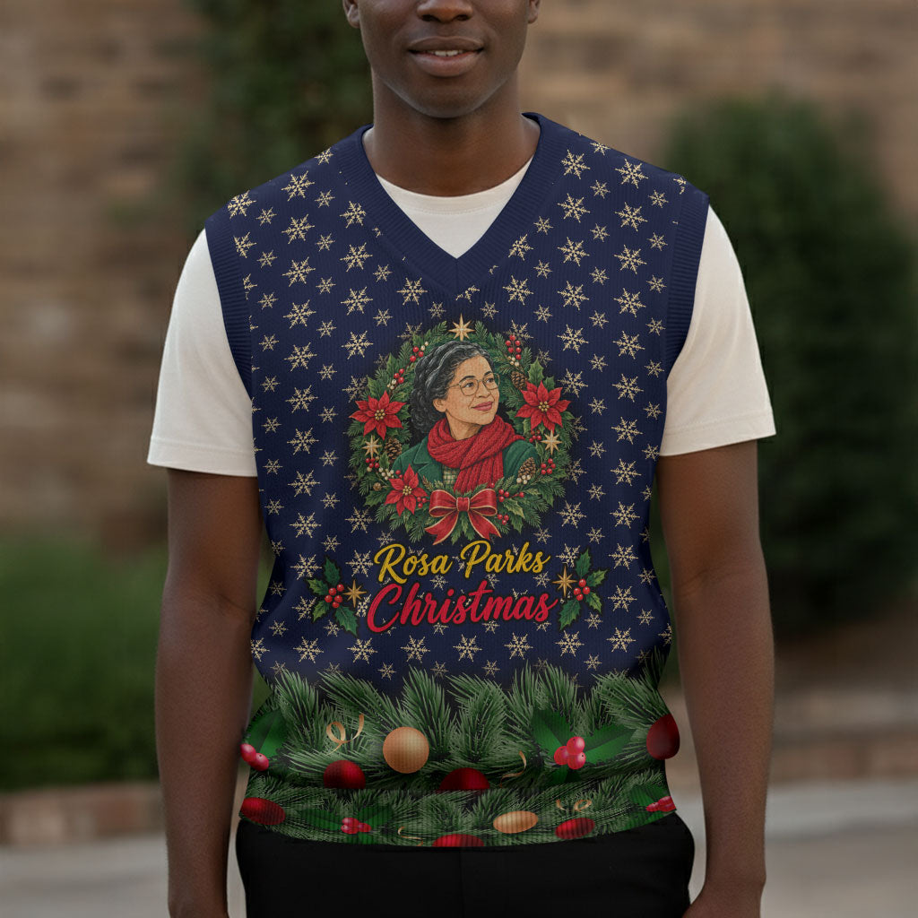Rosa Parks Christmas Knitted V-Neck Vest Freedom Bus Wreath Vintage Festive Holiday