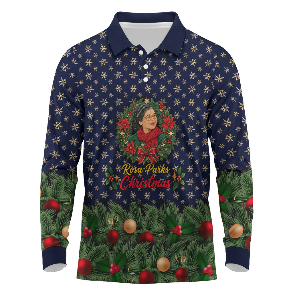 Rosa Parks Christmas Long Sleeve Polo Shirt Freedom Bus Wreath Vintage Festive Holiday