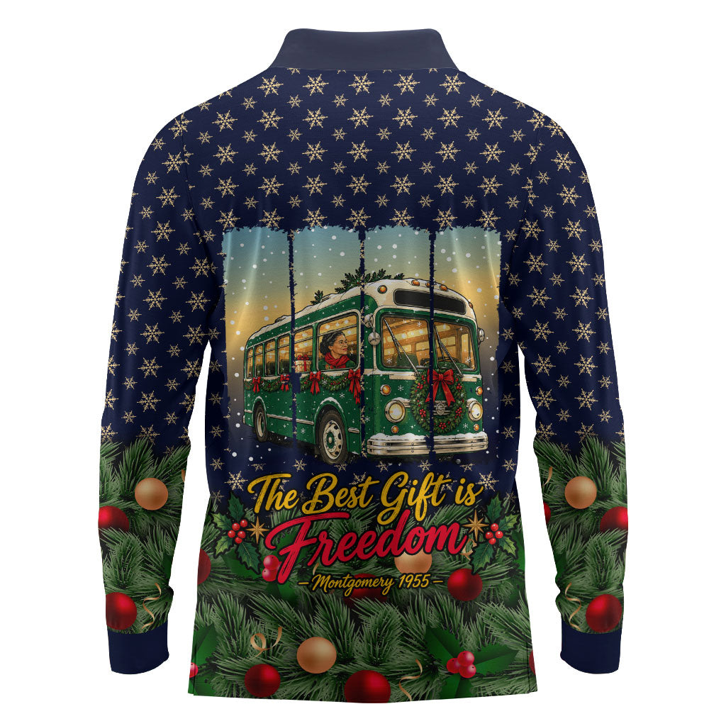 Rosa Parks Christmas Long Sleeve Polo Shirt Freedom Bus Wreath Vintage Festive Holiday