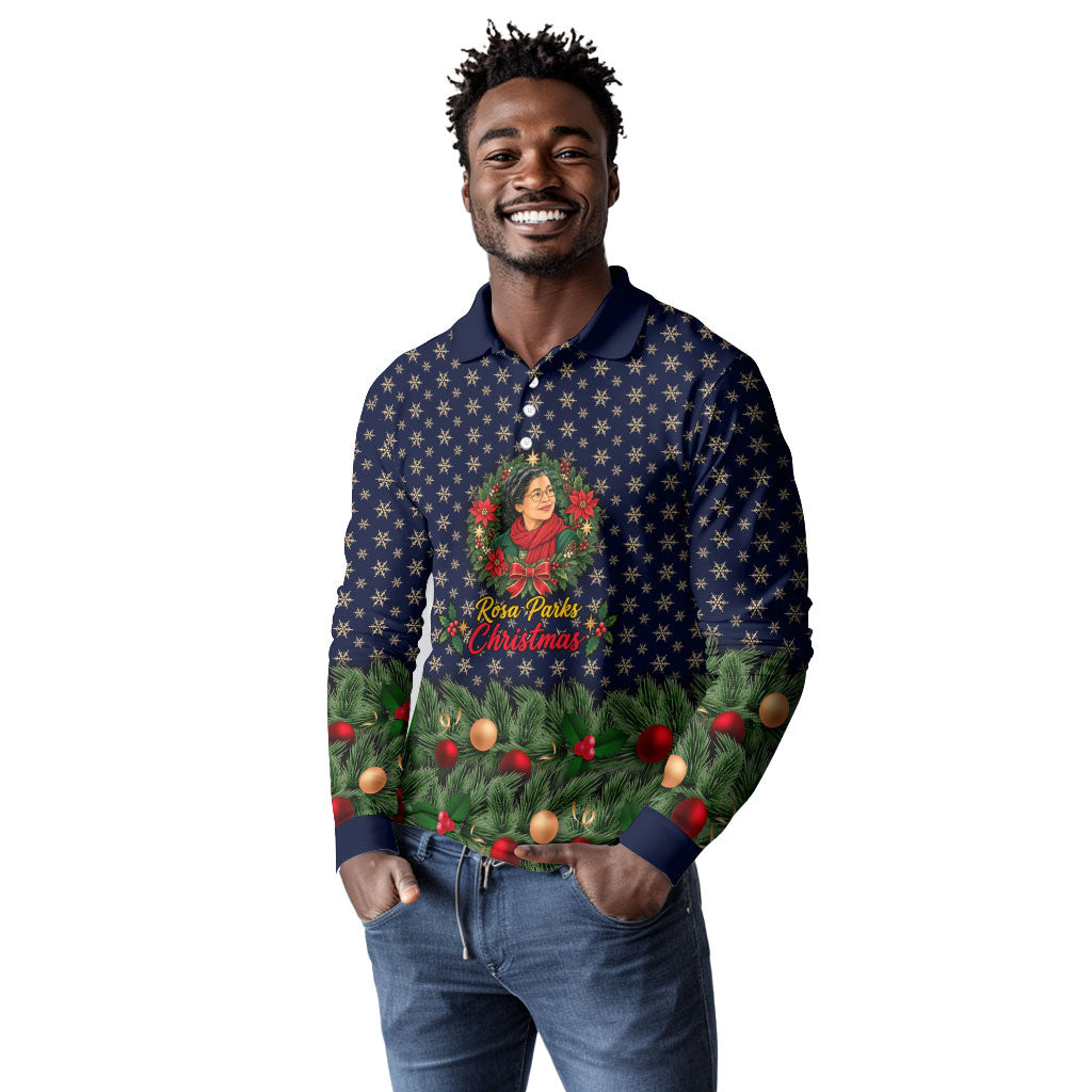Rosa Parks Christmas Long Sleeve Polo Shirt Freedom Bus Wreath Vintage Festive Holiday