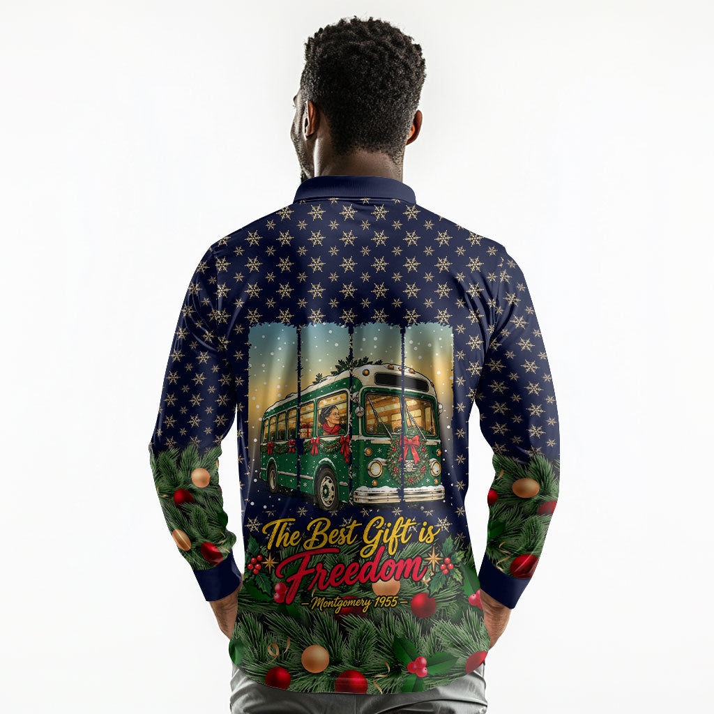 Rosa Parks Christmas Long Sleeve Polo Shirt Freedom Bus Wreath Vintage Festive Holiday