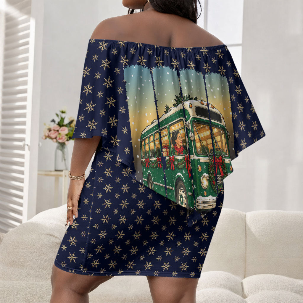 Rosa Parks Christmas Off Shoulder Short Dress Freedom Bus Wreath Vintage Festive Holiday