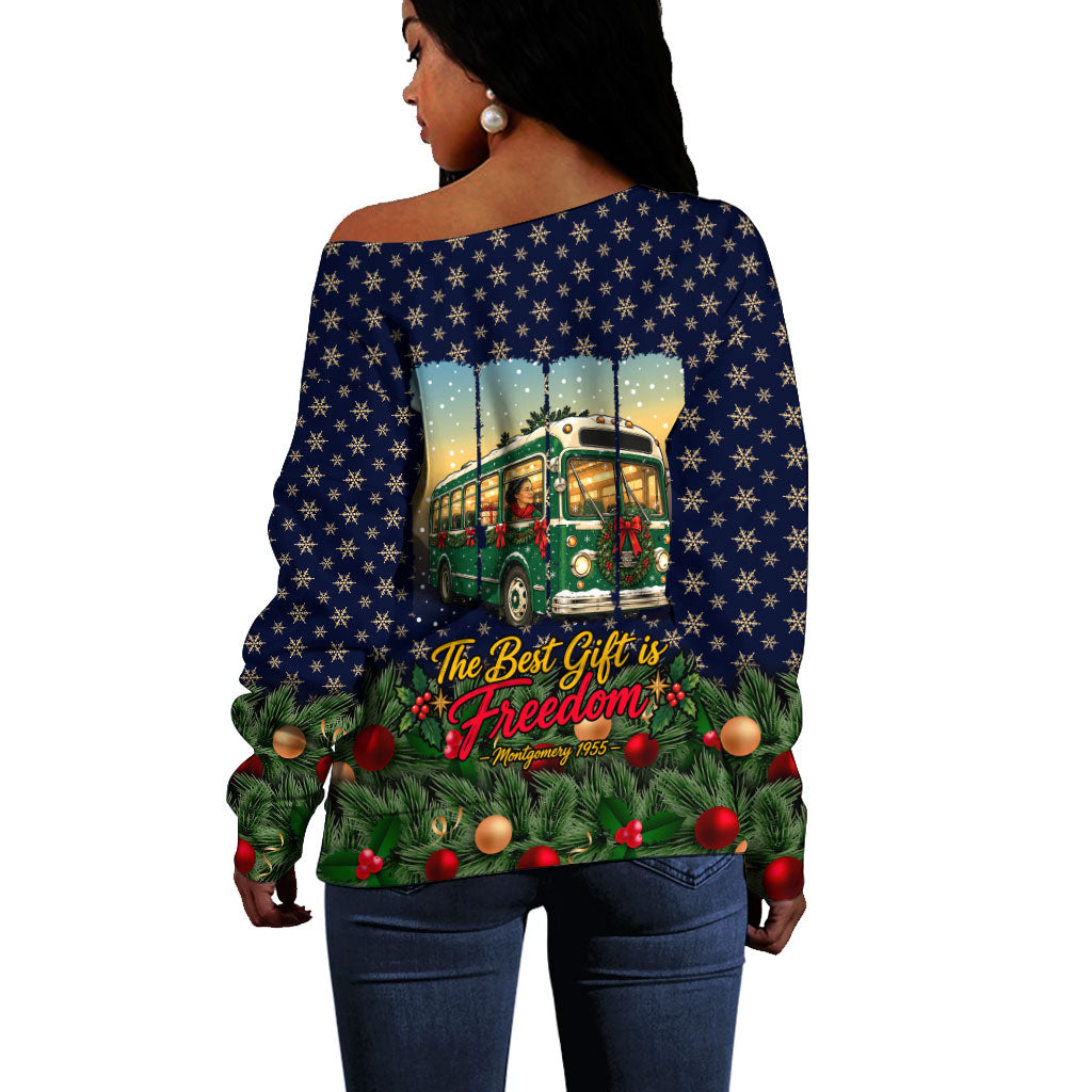 Rosa Parks Christmas Off Shoulder Sweater Freedom Bus Wreath Vintage Festive Holiday